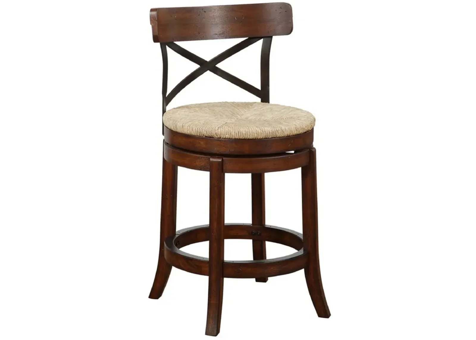 Mia 24 Inch Swivel Counter Stool, Crossed Metal Back, Sedge Seat, Brown-Benzara