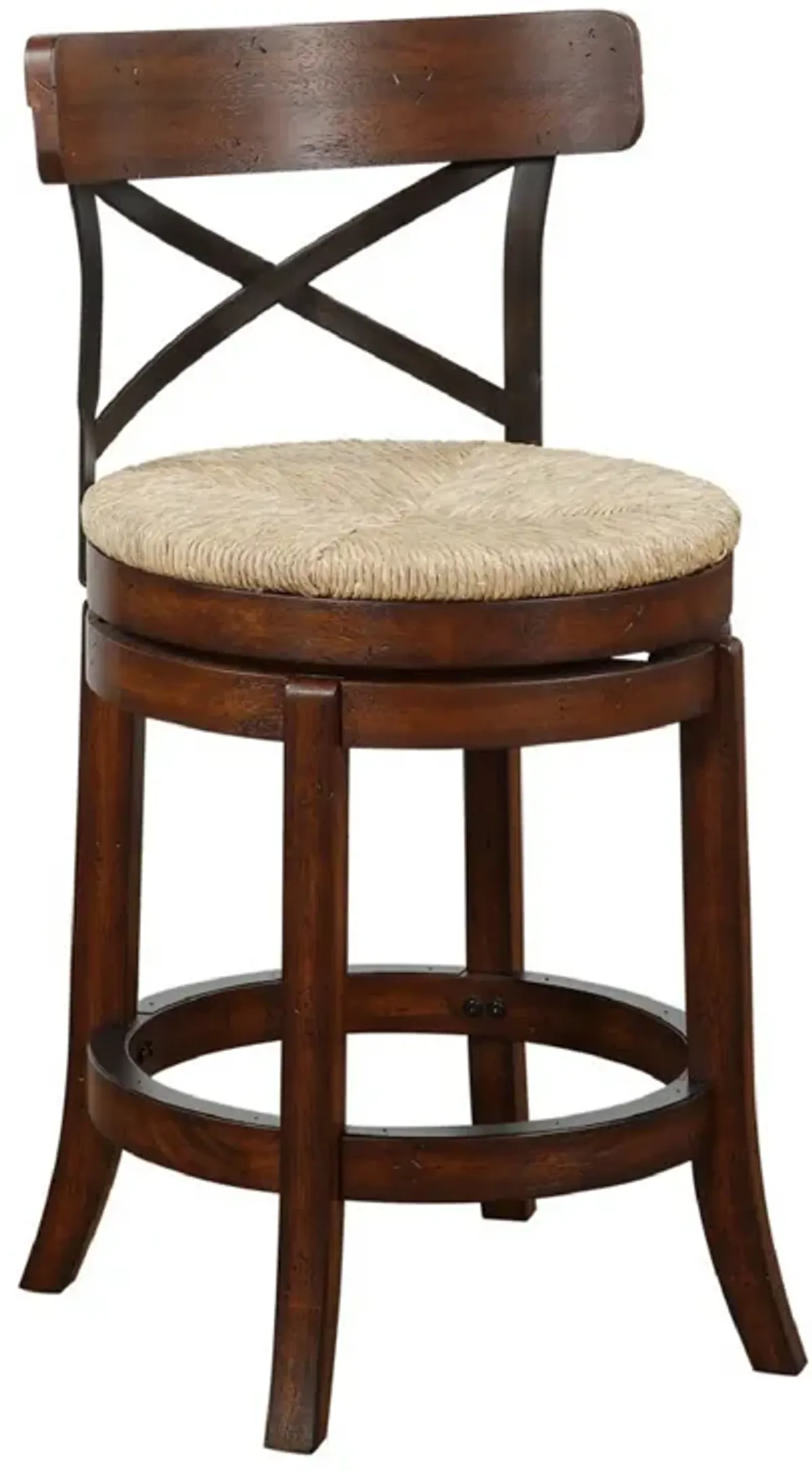 Mia 24 Inch Swivel Counter Stool, Crossed Metal Back, Sedge Seat, Brown-Benzara