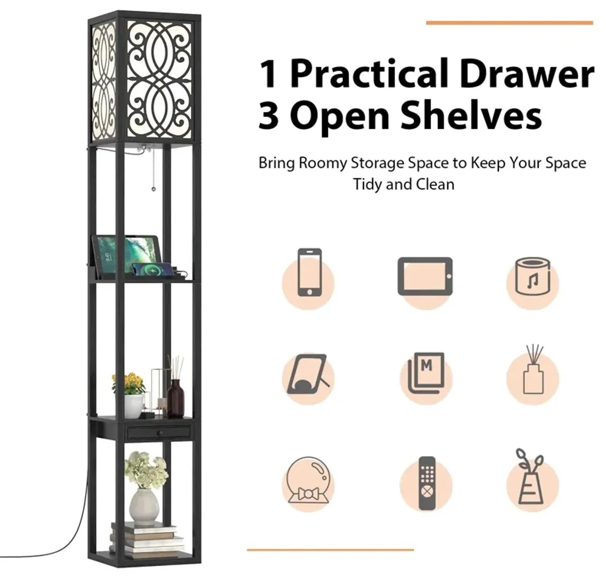 Modern  Standing Shelf Lamp with 1 Power Outlet and 2 USB Ports