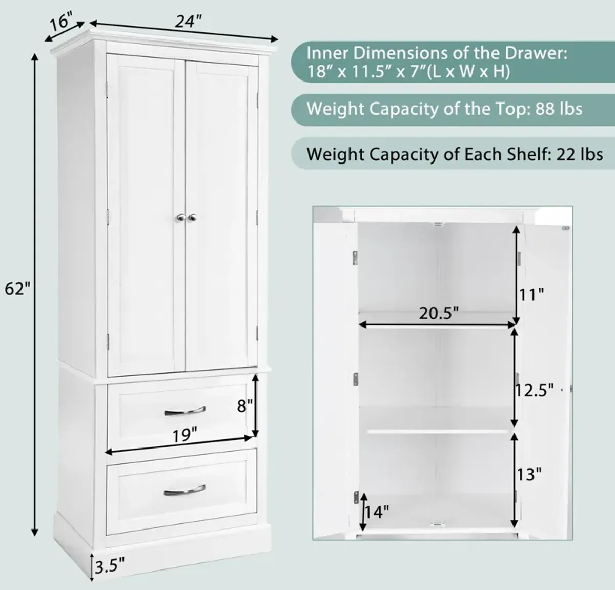 62 Inch Freestanding Bathroom Cabinet with Adjustable Shelves and 2 Drawers