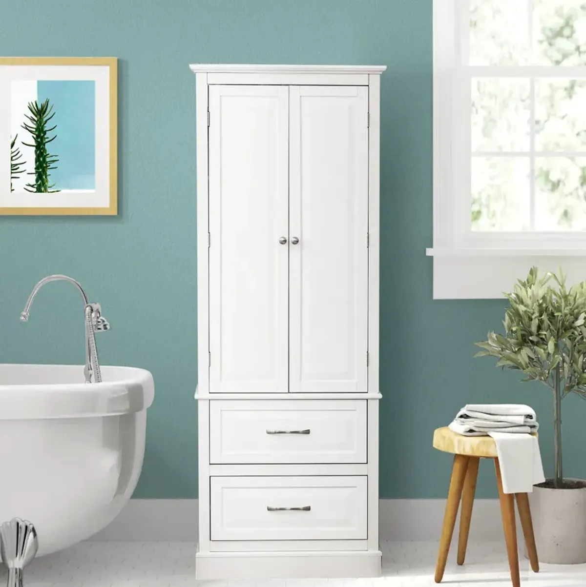 62 Inch Freestanding Bathroom Cabinet with Adjustable Shelves and 2 Drawers