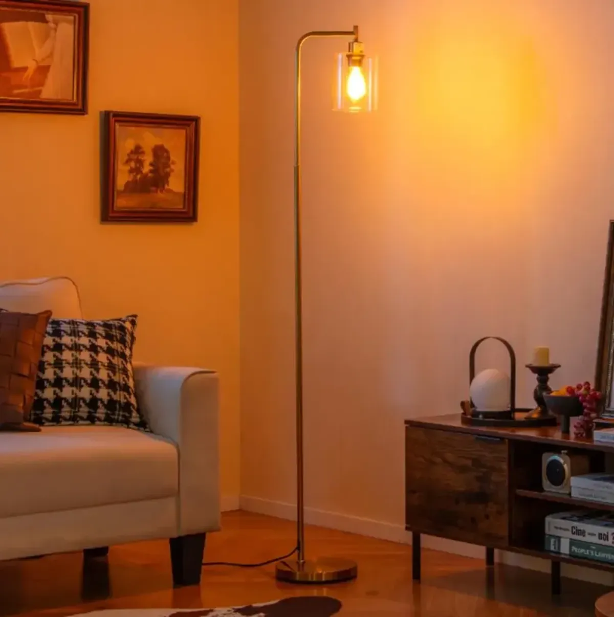 Hivvago Modern Floor Lamp with Hanging Glass Lampshade and Foot Switch