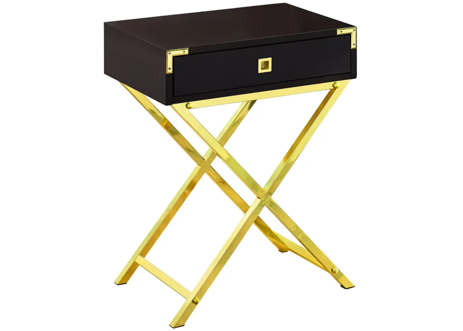 Monarch Specialties I 3556 Accent Table, Side, End, Nightstand, Lamp, Storage Drawer, Living Room, Bedroom, Metal, Laminate, Brown, Gold, Contemporary, Modern