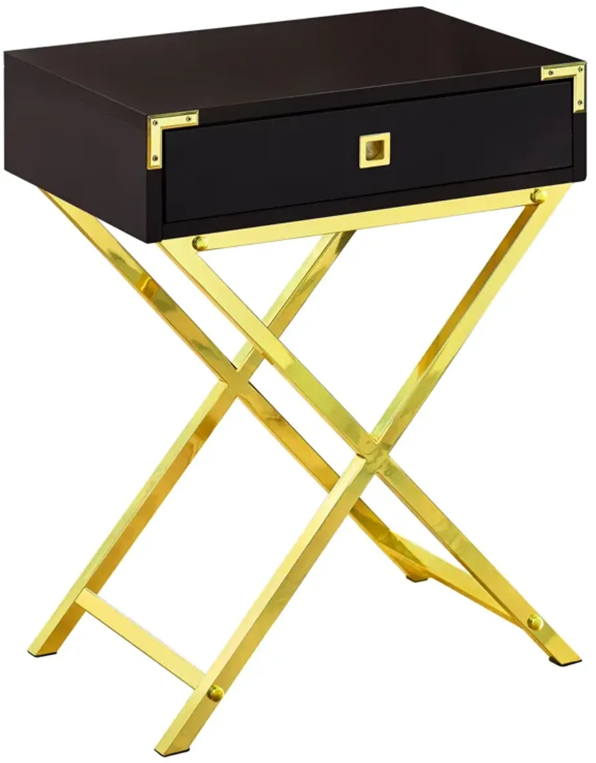 Monarch Specialties I 3556 Accent Table, Side, End, Nightstand, Lamp, Storage Drawer, Living Room, Bedroom, Metal, Laminate, Brown, Gold, Contemporary, Modern