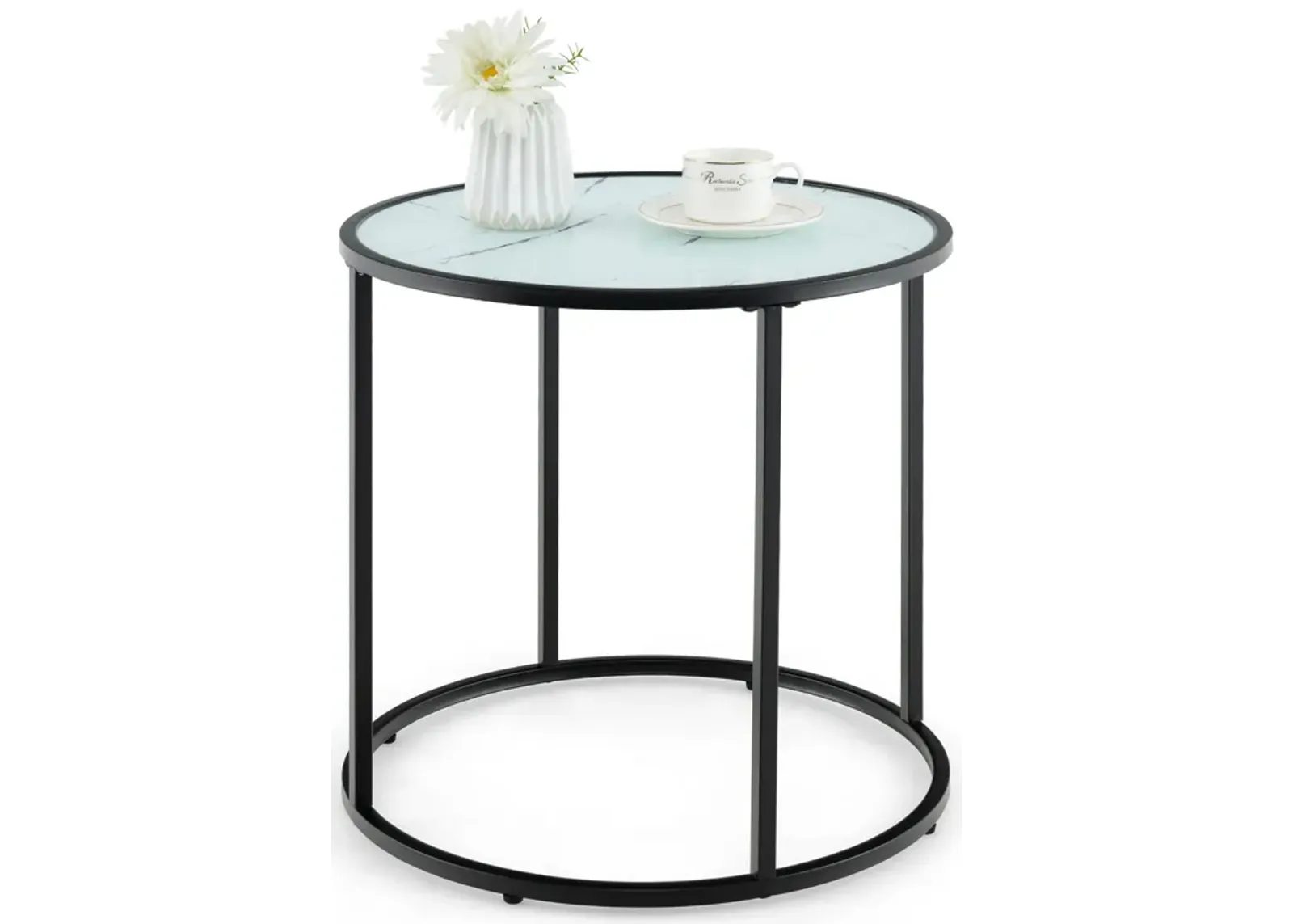 20 Inch Glass End Table with Metal Frame and Faux Marble Glass Top