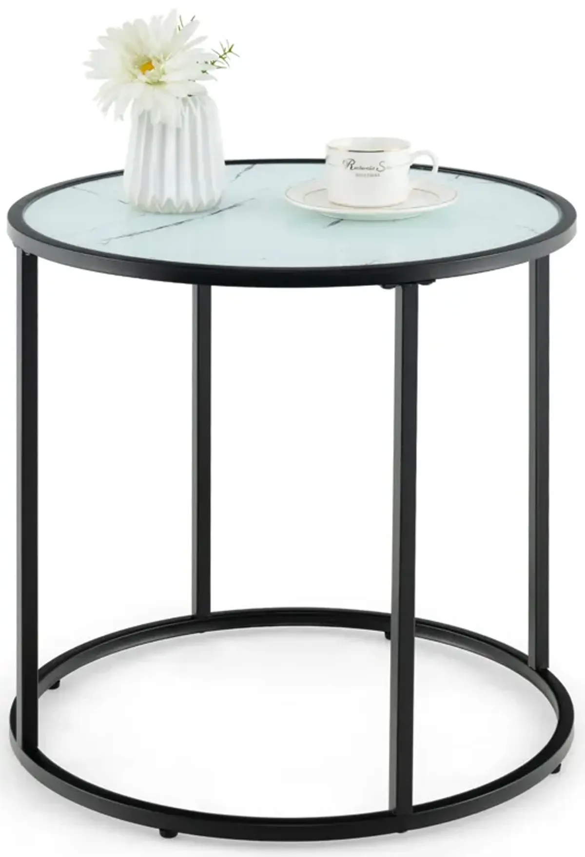 20 Inch Glass End Table with Metal Frame and Faux Marble Glass Top