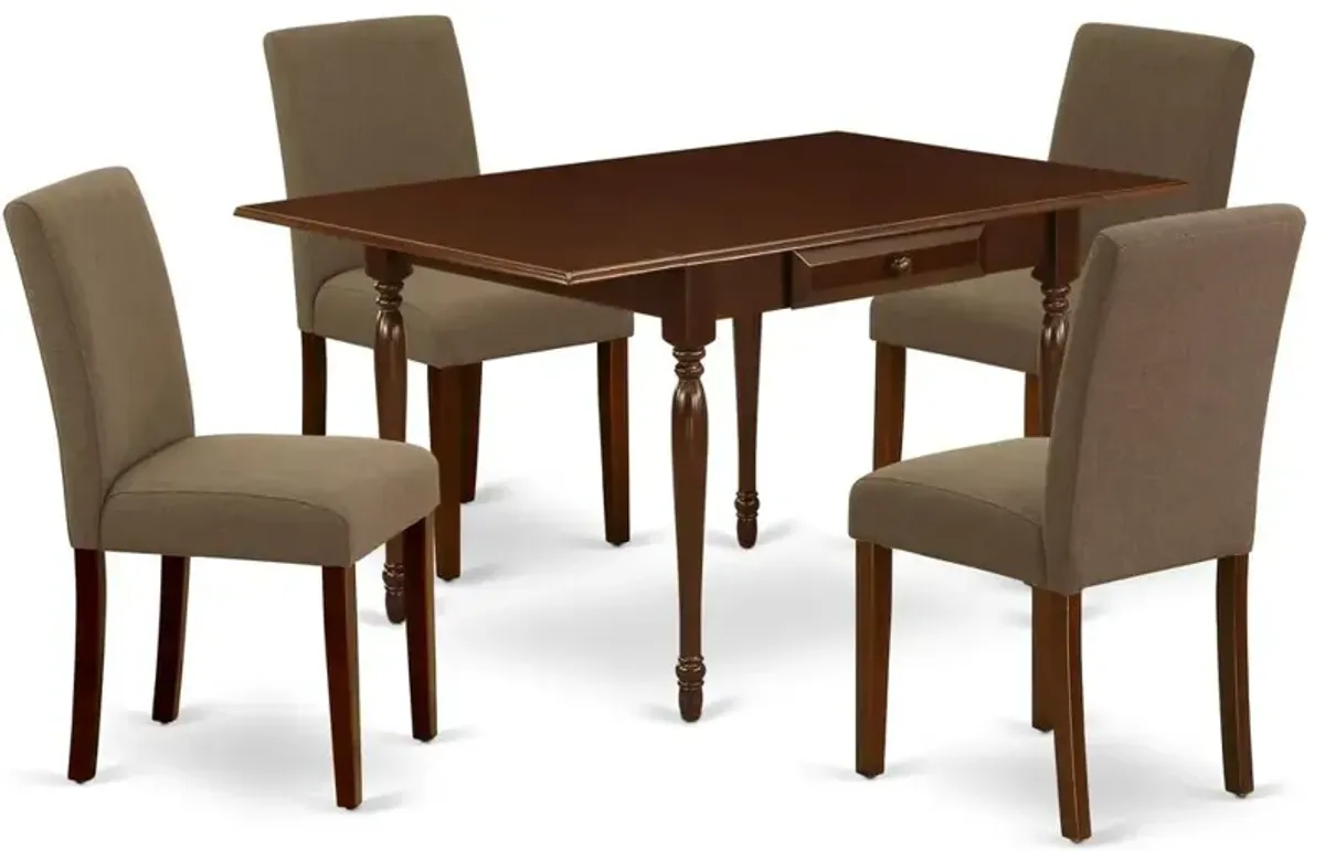 1MZAB5-MAH-18 5Pc Modern Dining Table Set Includes a Wood Dining Table and 4 Parson Chairs with Coffee Color Linen Fabric, Drop Leaf Table with Full Back Chairs, Mahogany Finish
