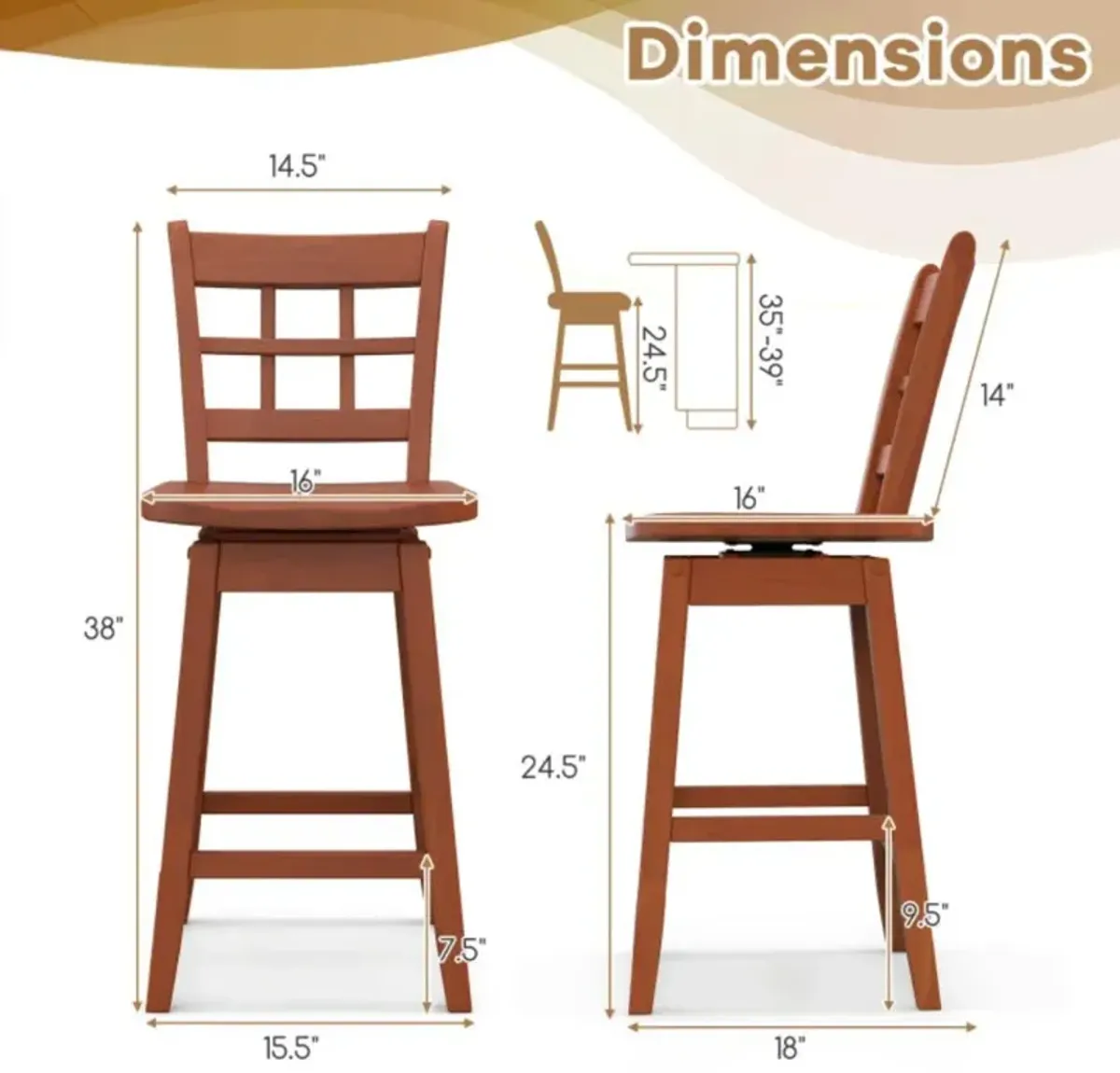 Hivvago Counter Height Barstools Set of 2 with 6-Grid Hollow Back and Seat