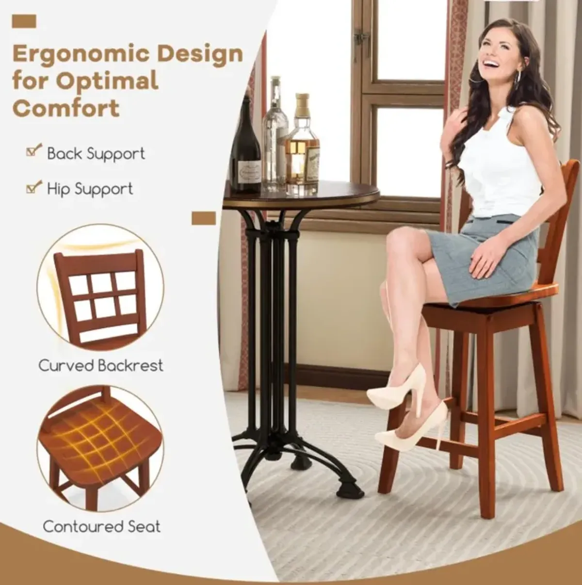 Hivvago Counter Height Barstools Set of 2 with 6-Grid Hollow Back and Seat