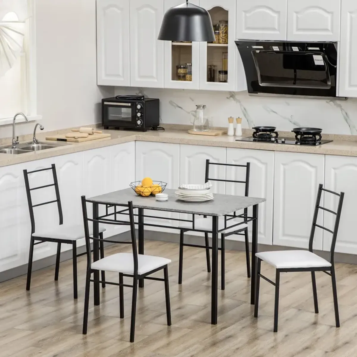 Light Gray/Black Dining: 4-Person Set with Faux Marble Table