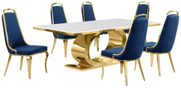 Best Quality Furniture 7pc Large (87) marble top dining set with gold base and 6 Navy blue side chairs
