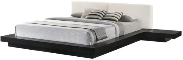 Nia King Platform Bed, White Faux Leather Upholstery Black Nightstands - Benzara