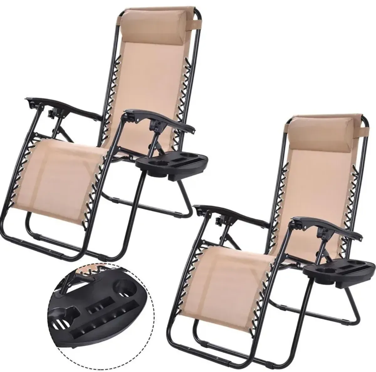 Hivvago Set of 2 Beige Folding Outdoor Zero Gravity Lounge Chair Recliner