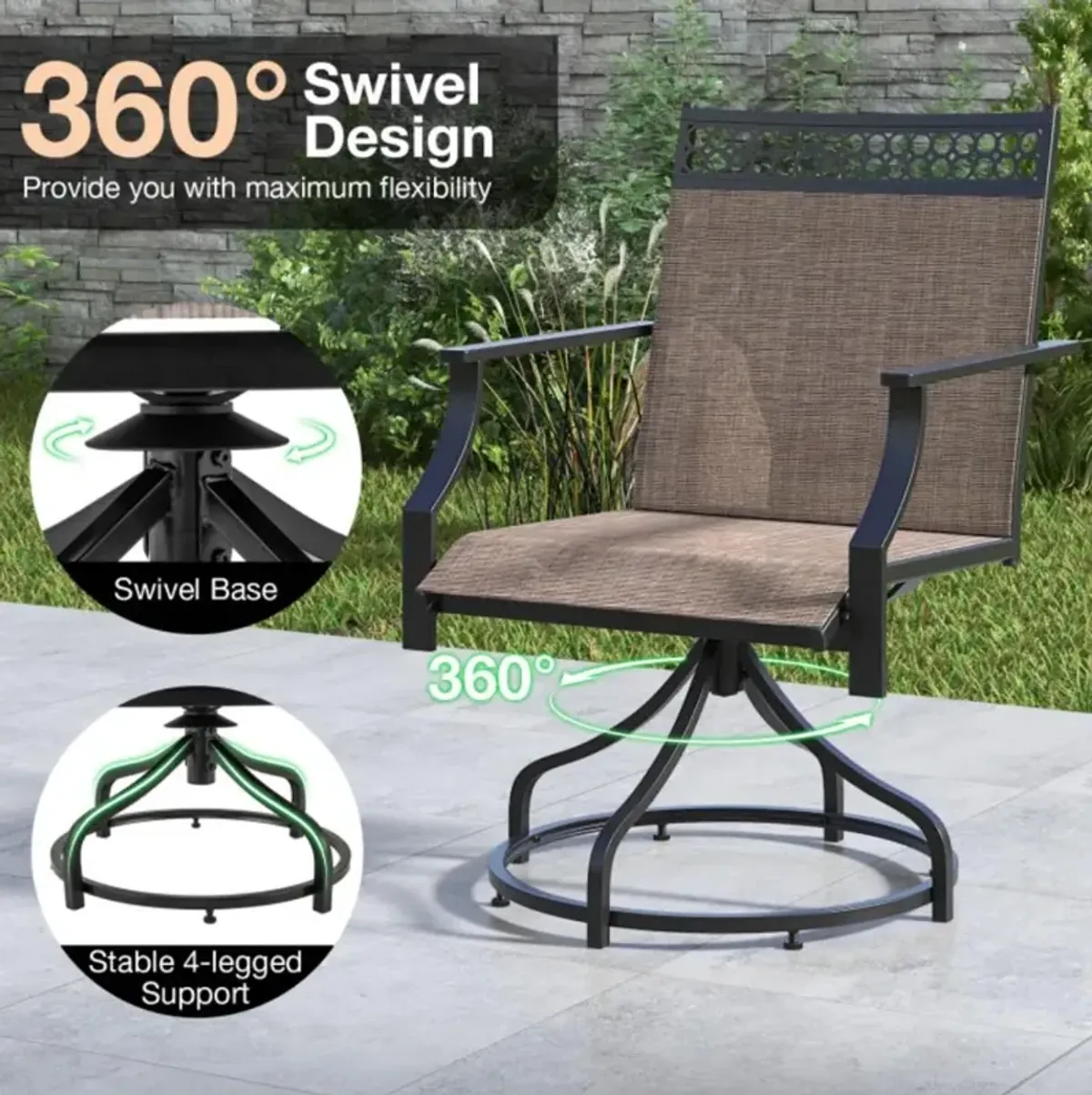 Hivvago Patio Swivel Dining Chairs Set of 2 with Heavy-duty Metal Frame and Armrests