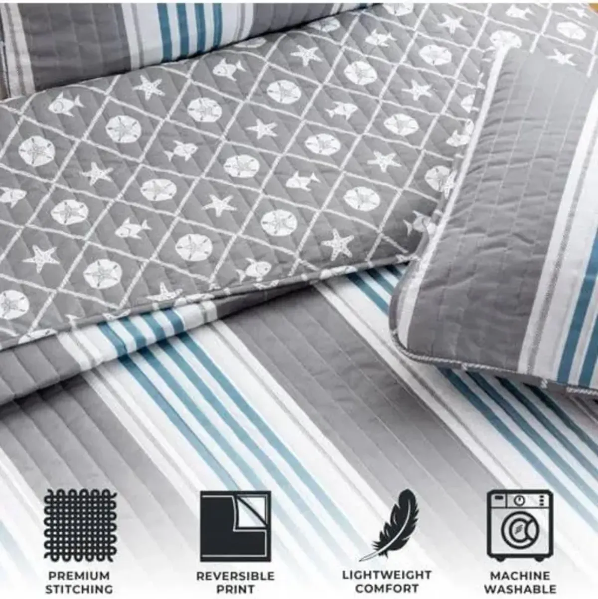 Hivvago King 3 Piece Coastal Starfish Sand Dollar Grey Blue White Nautical Quilt Set