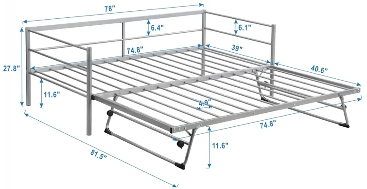 Twin Size Metal Daybed With Adjustable Trundle, Pop Up Trundle, Silver