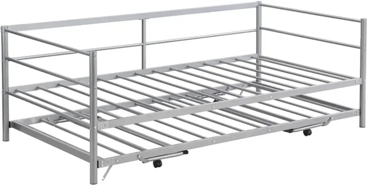 Twin Size Metal Daybed With Adjustable Trundle, Pop Up Trundle, Silver