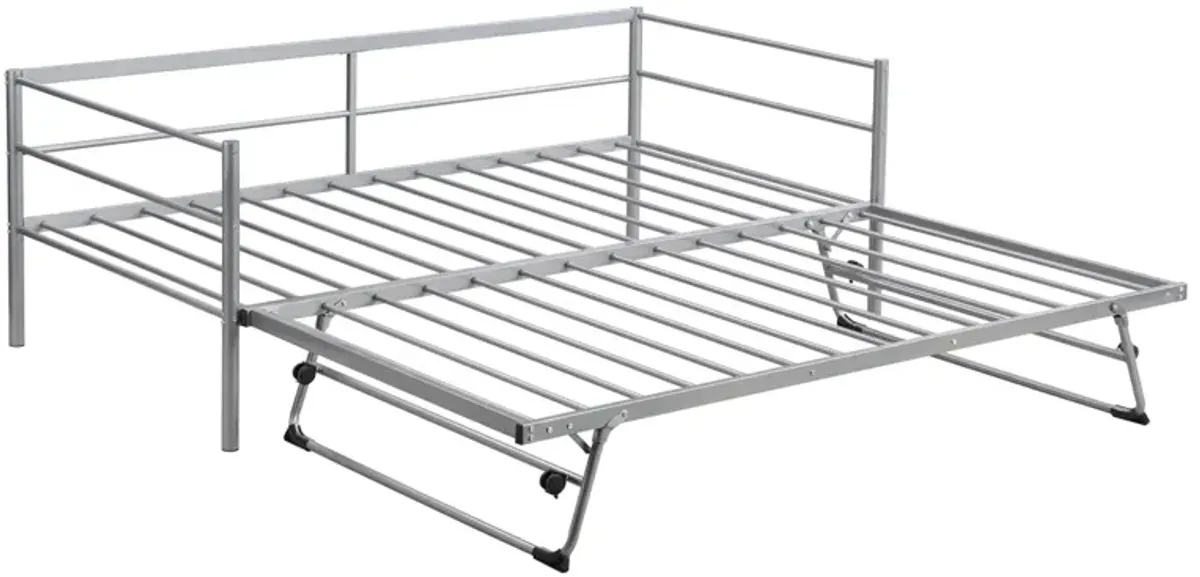 Twin Size Metal Daybed With Adjustable Trundle, Pop Up Trundle, Silver