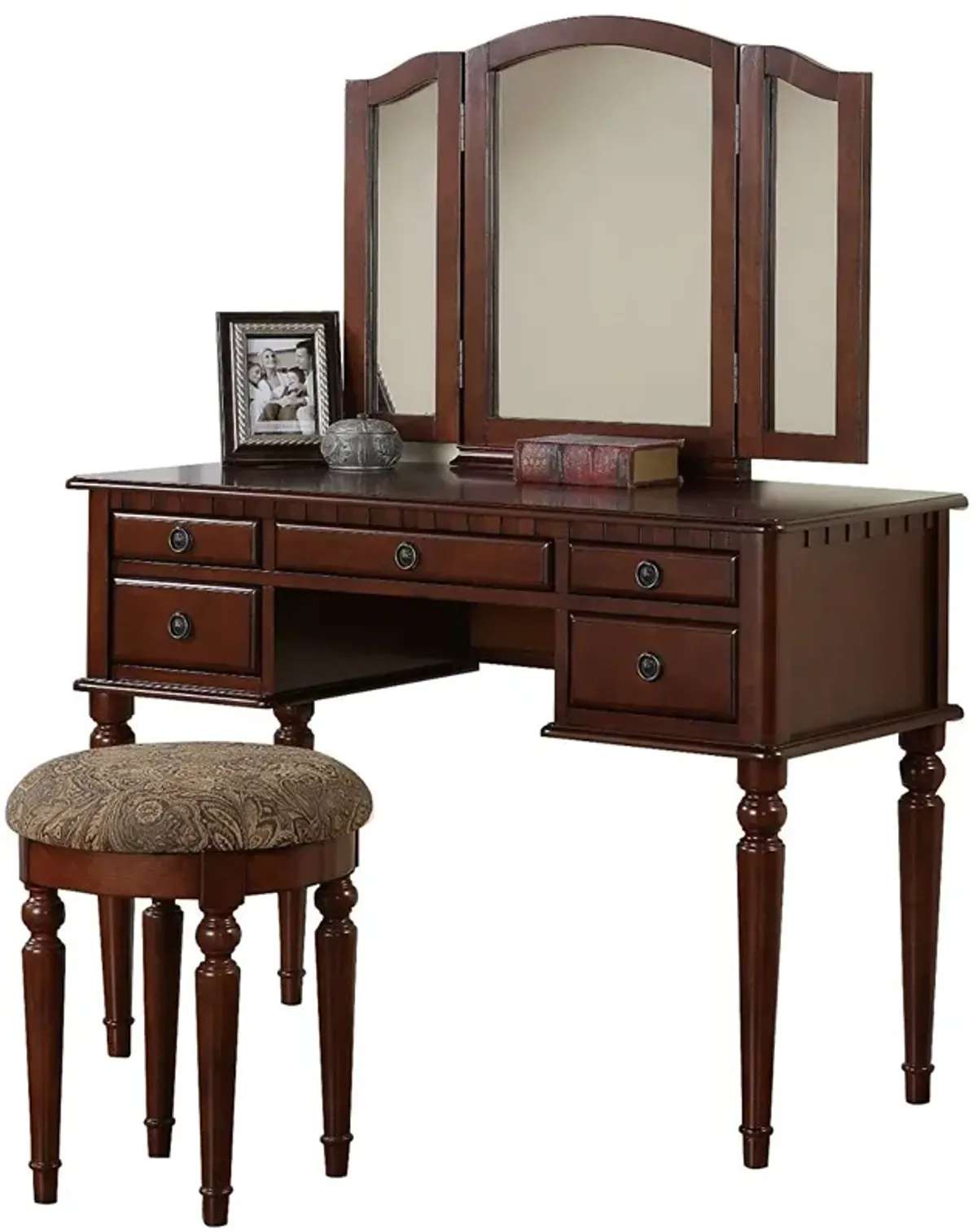 Commodious Vanity Set Featuring Stool And Mirror Cherry Brown - Benzara