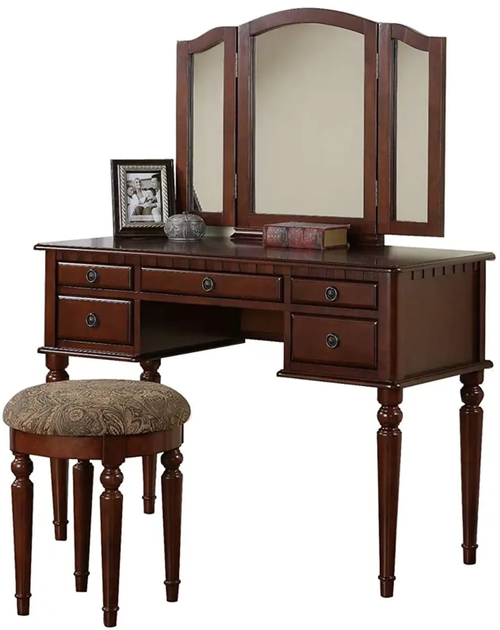 Commodious Vanity Set Featuring Stool And Mirror Cherry Brown - Benzara