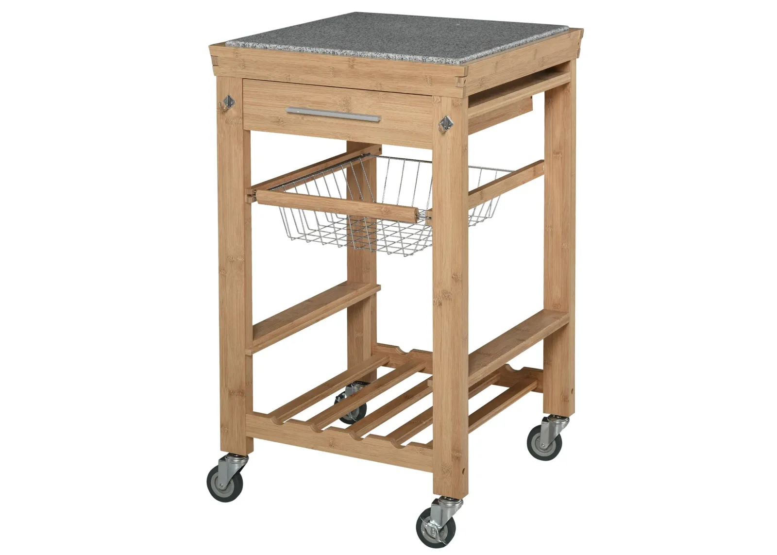 Natural/Granite Prep Station: Rolling Kitchen Cart with Wine Rack