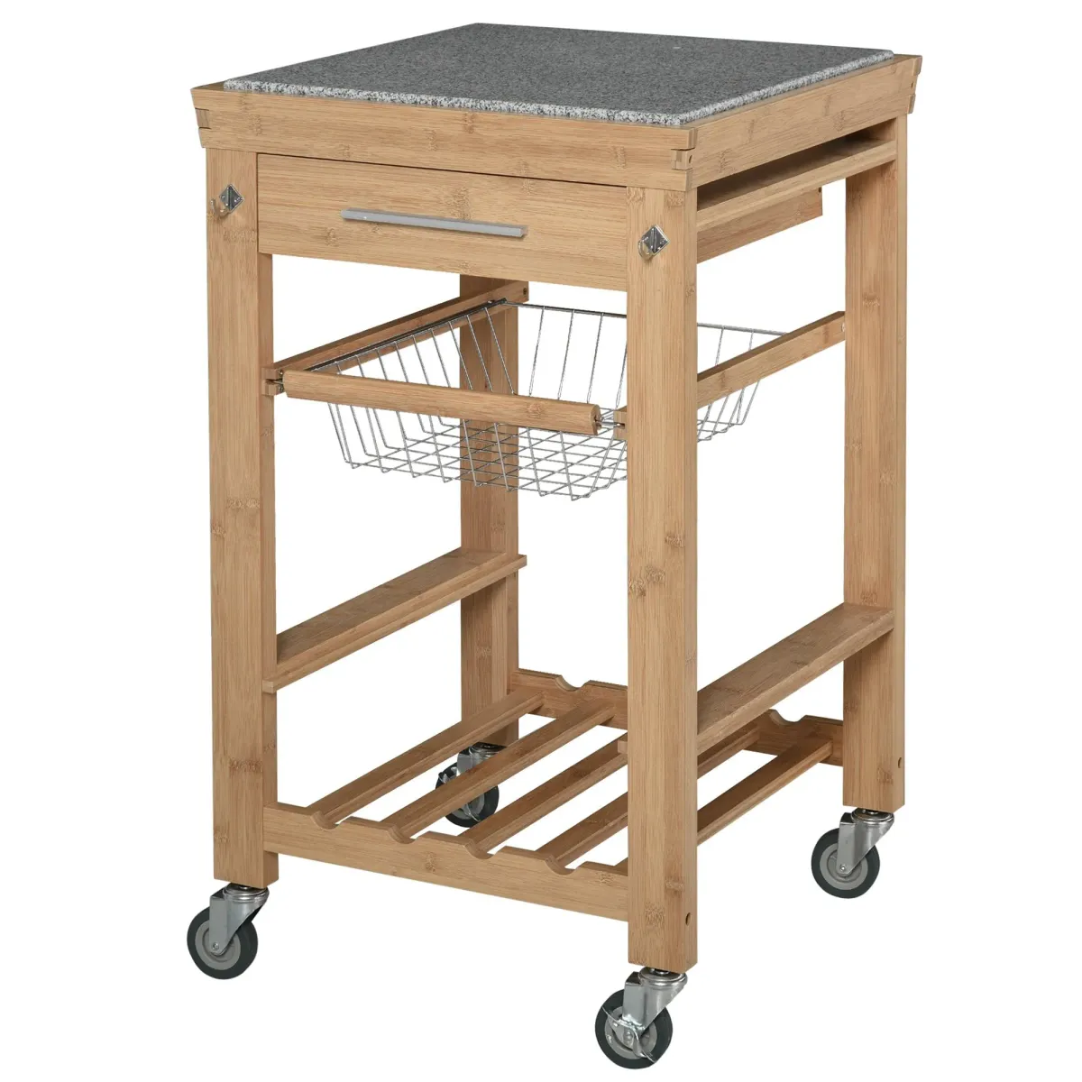 Natural/Granite Prep Station: Rolling Kitchen Cart with Wine Rack