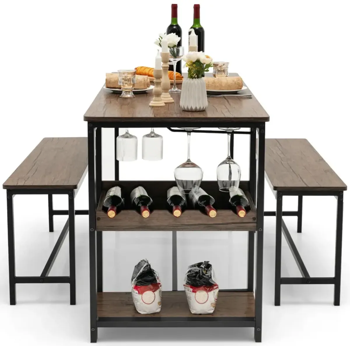 3 Pieces Dining Table Set for 4 with Wine Rack-Brown