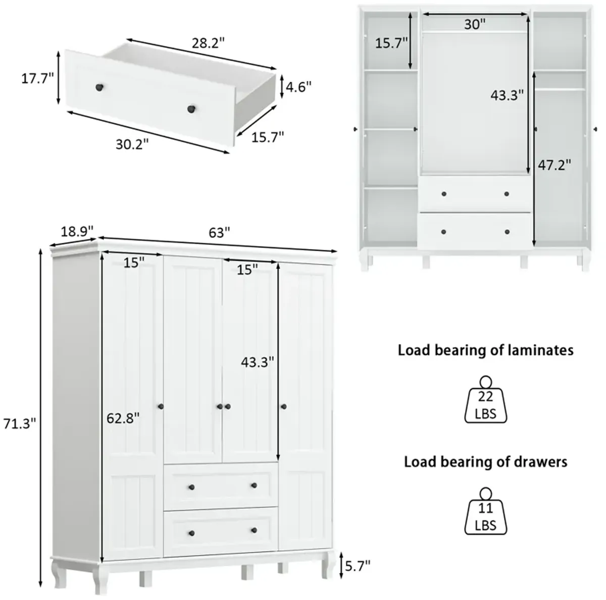 FUFU&GAGA Contemporary 4-Door Wardrobe Closet with Hanging Rod, 2 Drawers, and 4 Storage Compartments, (63" W x 18.9" D x 71.3" H), White