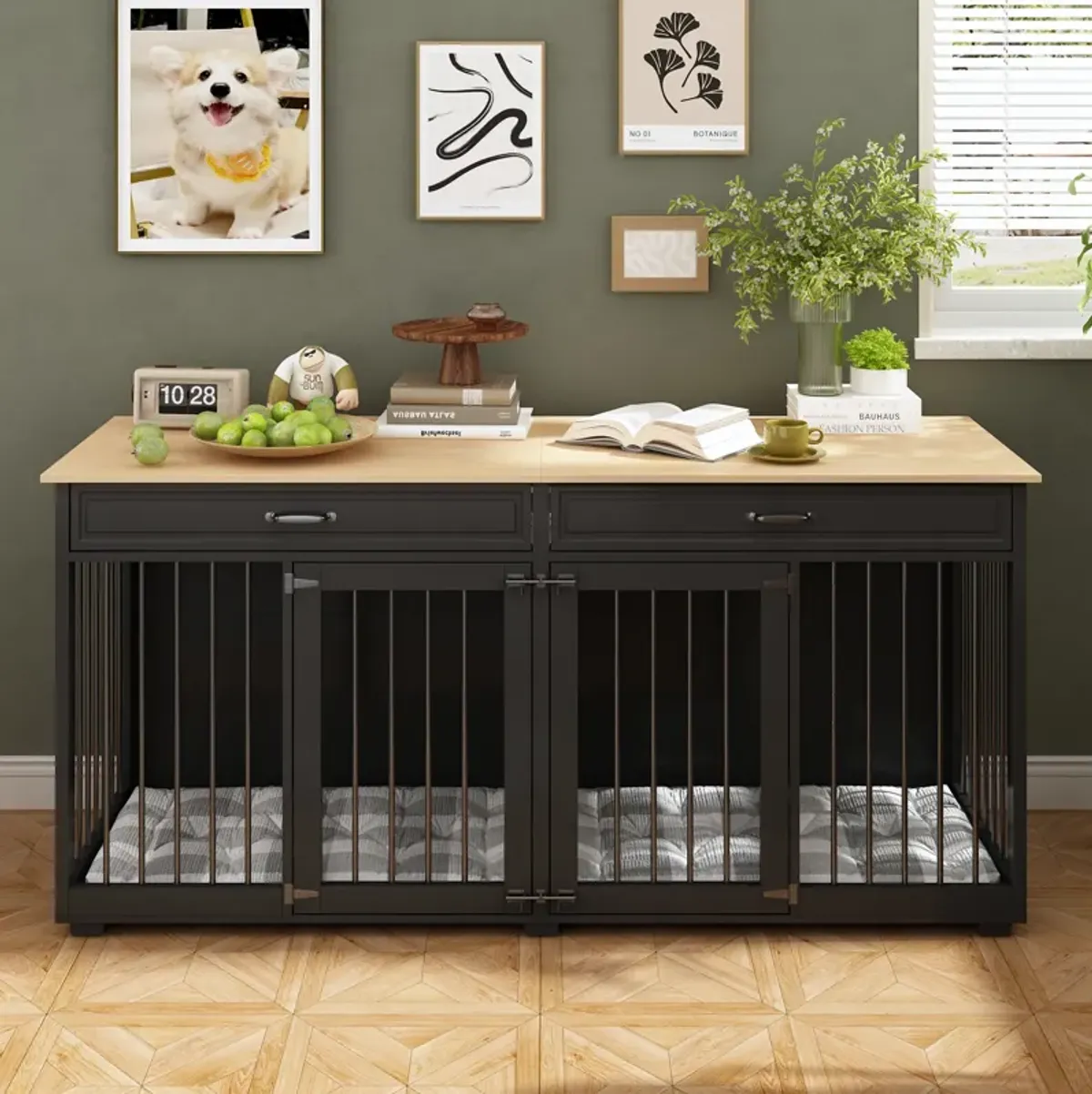 FUFU&GAGA Black Large Wooden Dog Crate for 2 Dogs – Modern Indoor Kennel Furniture with Divider and Storage Drawers, Heavy Duty Dog House, (72.4"L x 23.6"W x 33.6"H), Black