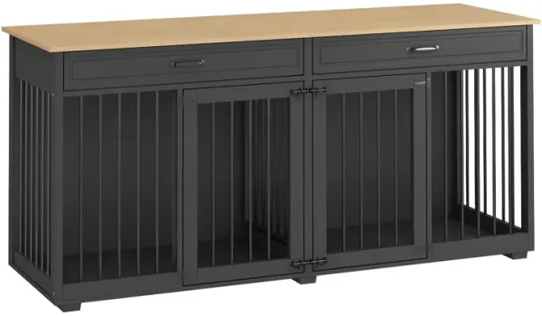 FUFU&GAGA Black Large Wooden Dog Crate for 2 Dogs – Modern Indoor Kennel Furniture with Divider and Storage Drawers, Heavy Duty Dog House, (72.4"L x 23.6"W x 33.6"H), Black