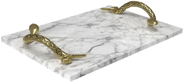 Mamba White Marble Decorative Serving Tray with Brass Snake Handles - Benzara