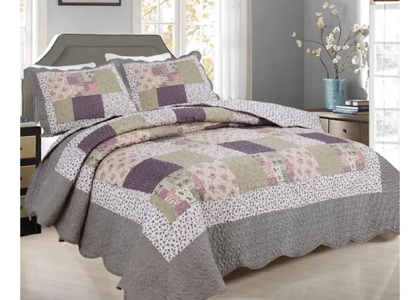 3-Piece Pink & Green Cotton Blend Reversible Quilt Set