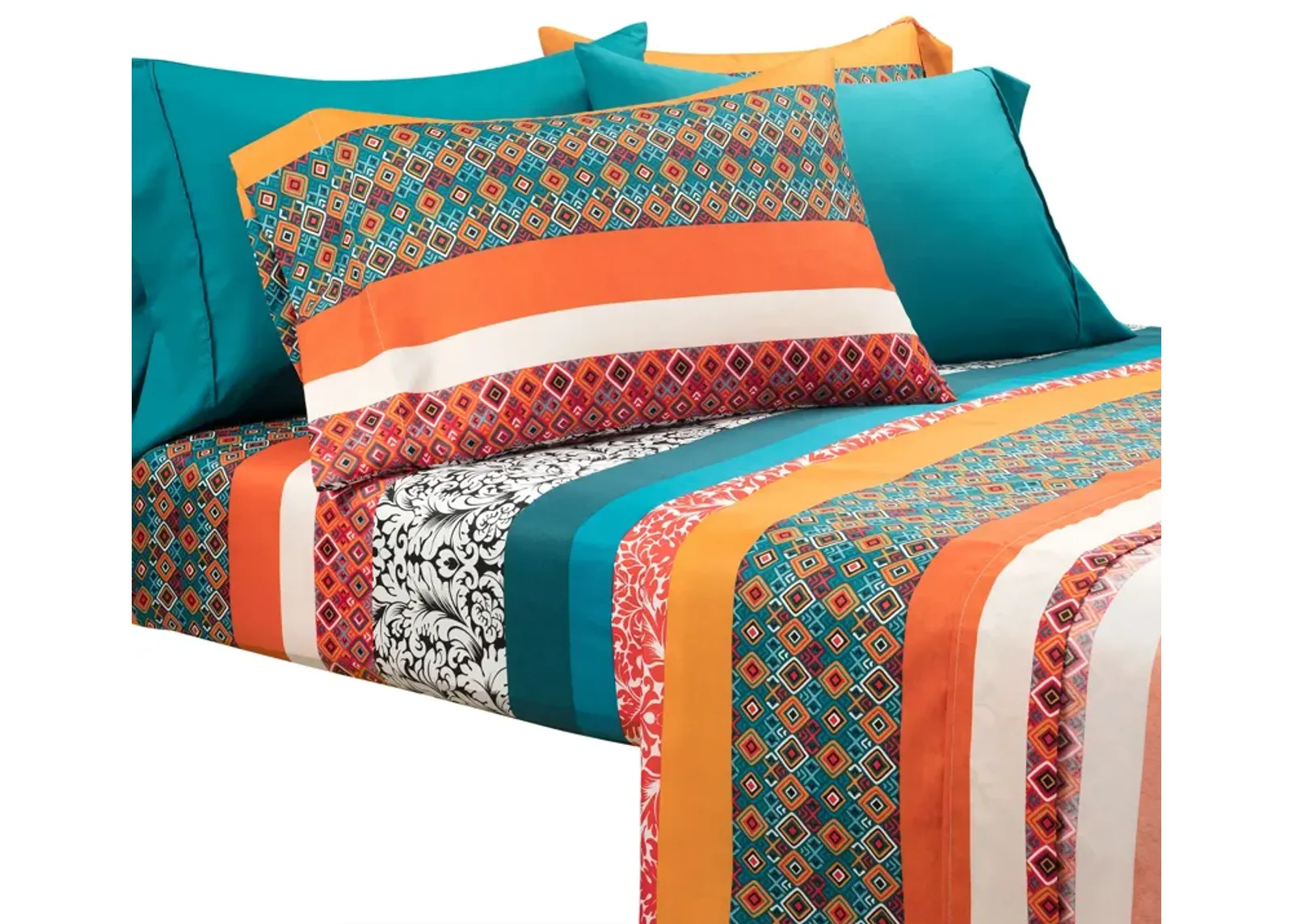 Boho Stripe Soft Sheet Set Turquoise/Tangerine 6Pc Queen