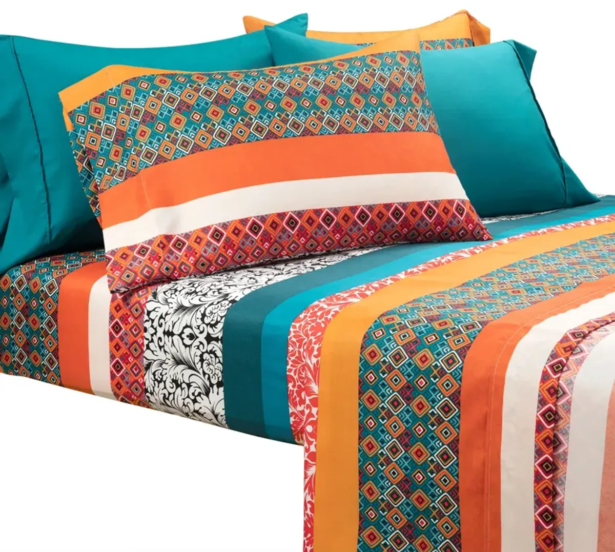 Boho Stripe Soft Sheet Set Turquoise/Tangerine 6Pc Queen