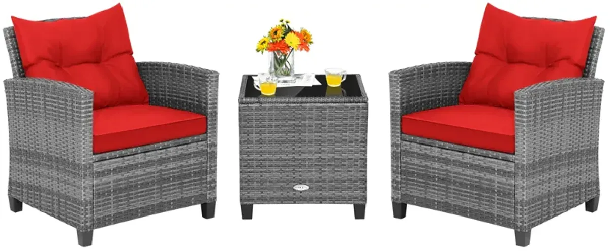 3 Pieces Outdoor Wicker Conversation Set with Tempered Glass Tabletop