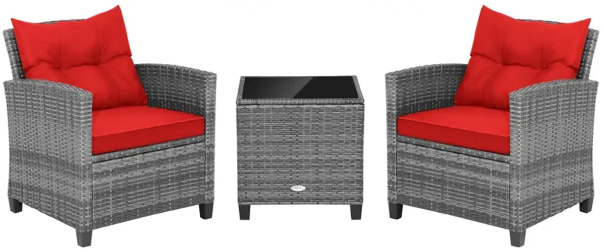 3 Pieces Outdoor Wicker Conversation Set with Tempered Glass Tabletop