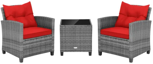 3 Pieces Outdoor Wicker Conversation Set with Tempered Glass Tabletop