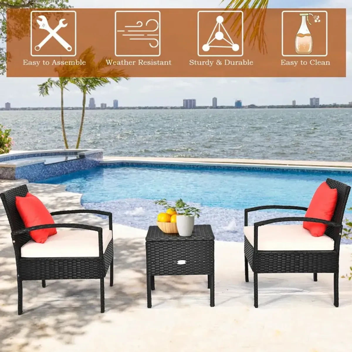 3 Piece PE Rattan Wicker Sofa Set with Washable and Removable Cushion for Patio