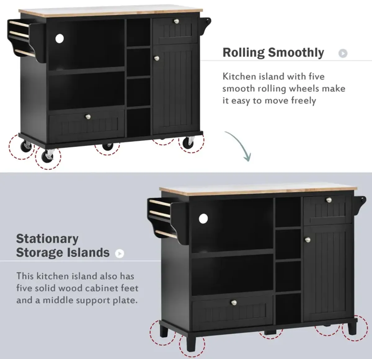 Solid wood kitchen island cart with storage and wheels