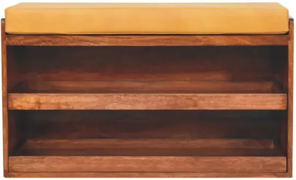Artisan Furniture Solid Wood, Upholstered Buffalo Hide Pull out Honey Caramel Shoe Storage Bench