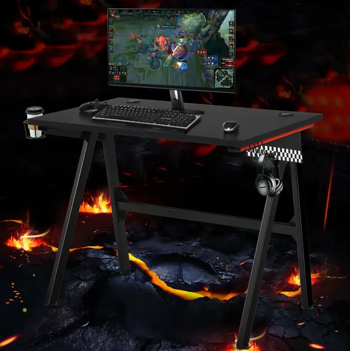 Ergonomic Computer Gaming Desk with Cup Holder and Headphone Hook