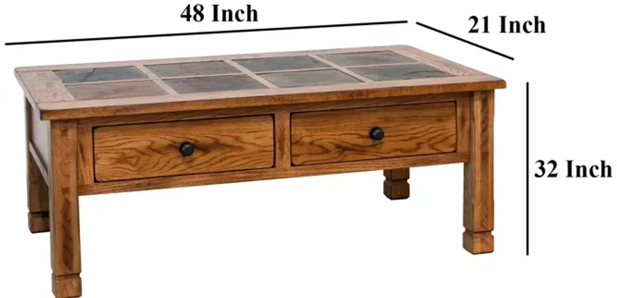 Marv Sofa Table w 2 Drawers, 48 Inch Rectangular Slate Inlay, Brown - Benzara