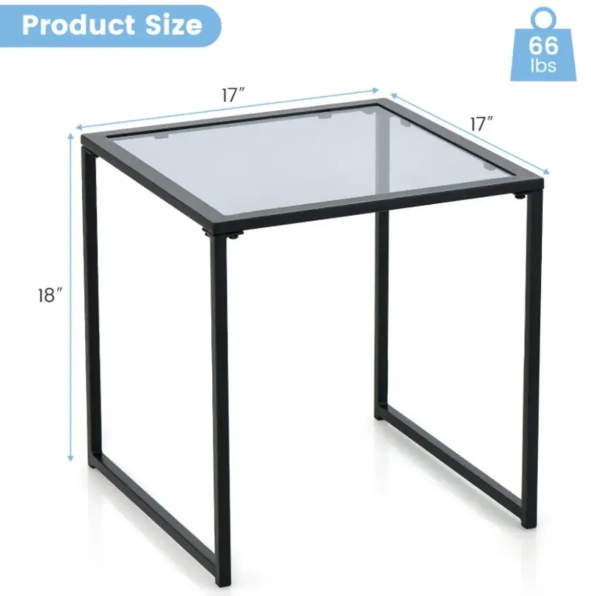 Hivvago Tempered Glass Side Table with Metal Frame for Indoor and Outdoor