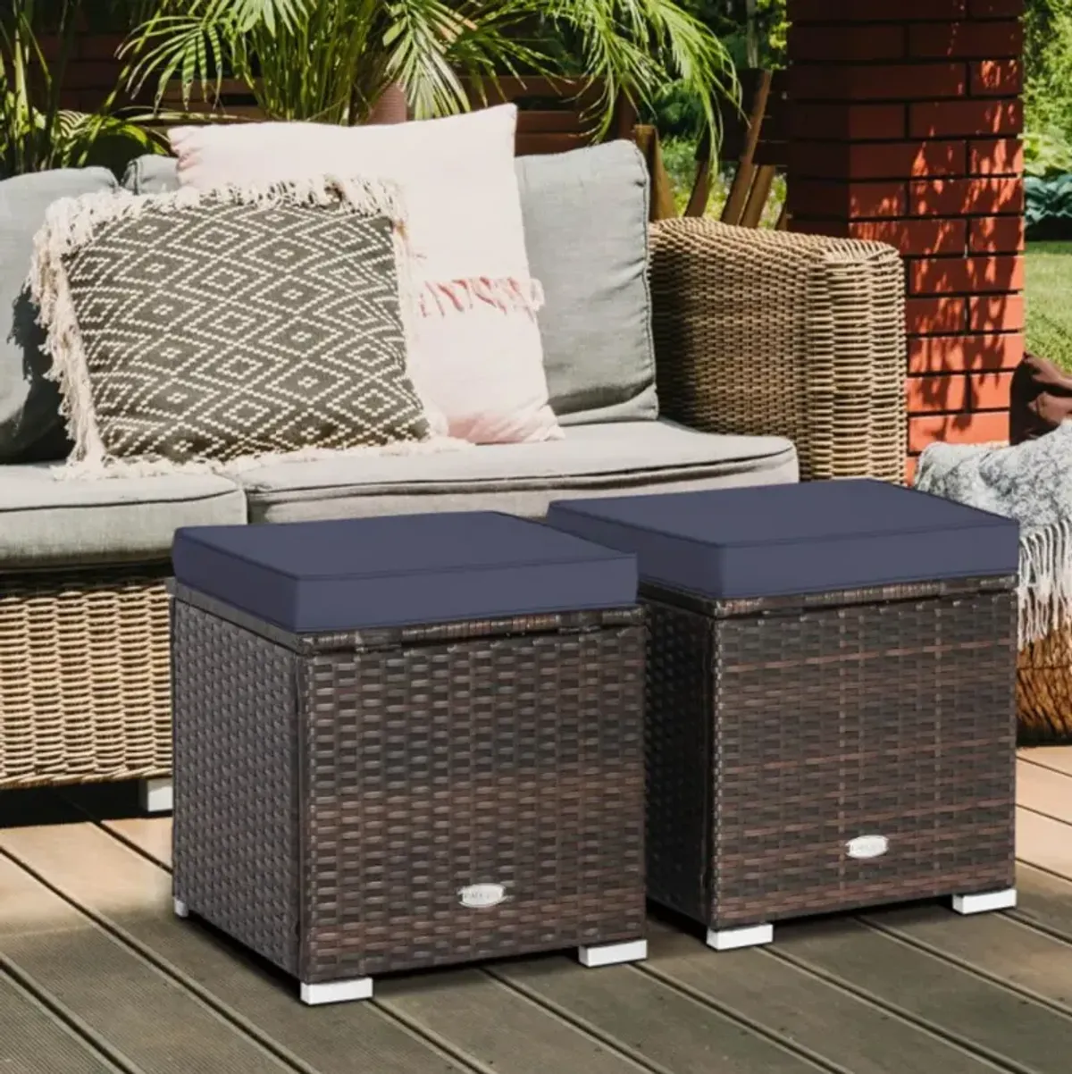 Hivvago 2 Pieces Patio Ottoman with Removable Cushions-Navy