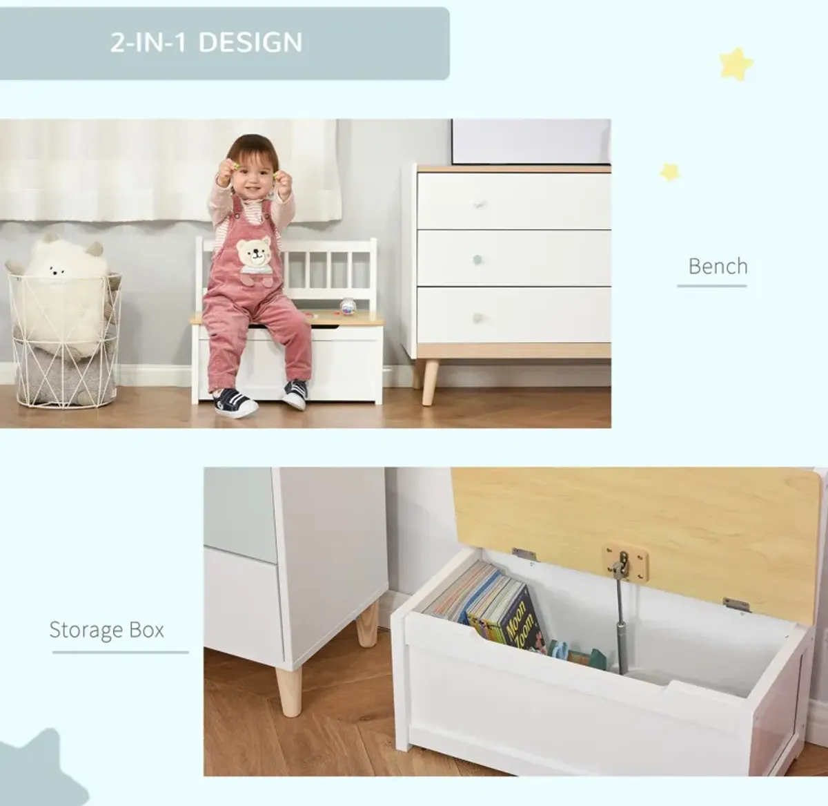 White Kids' Organizer: Wooden Toy Box with Bench Seat & Safety Rod