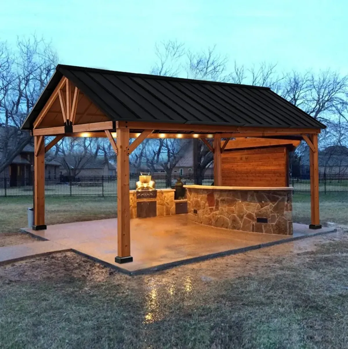 Natural/Black Garden Pavilion: 11'x13' Hardtop Gazebo with Wooden Frame