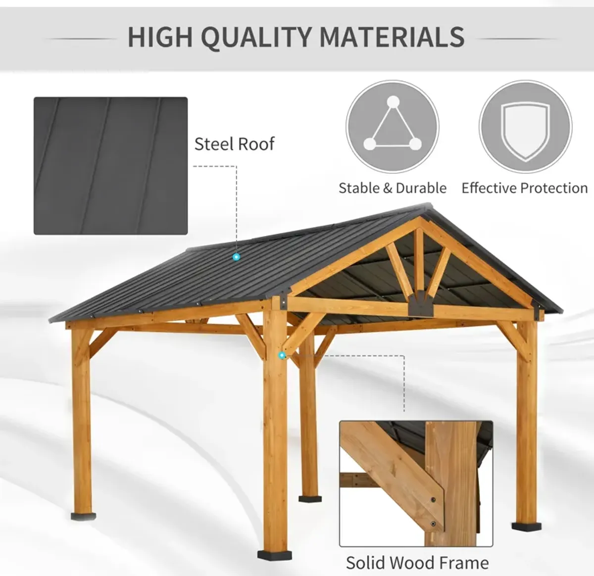 Natural/Black Garden Pavilion: 11'x13' Hardtop Gazebo with Wooden Frame