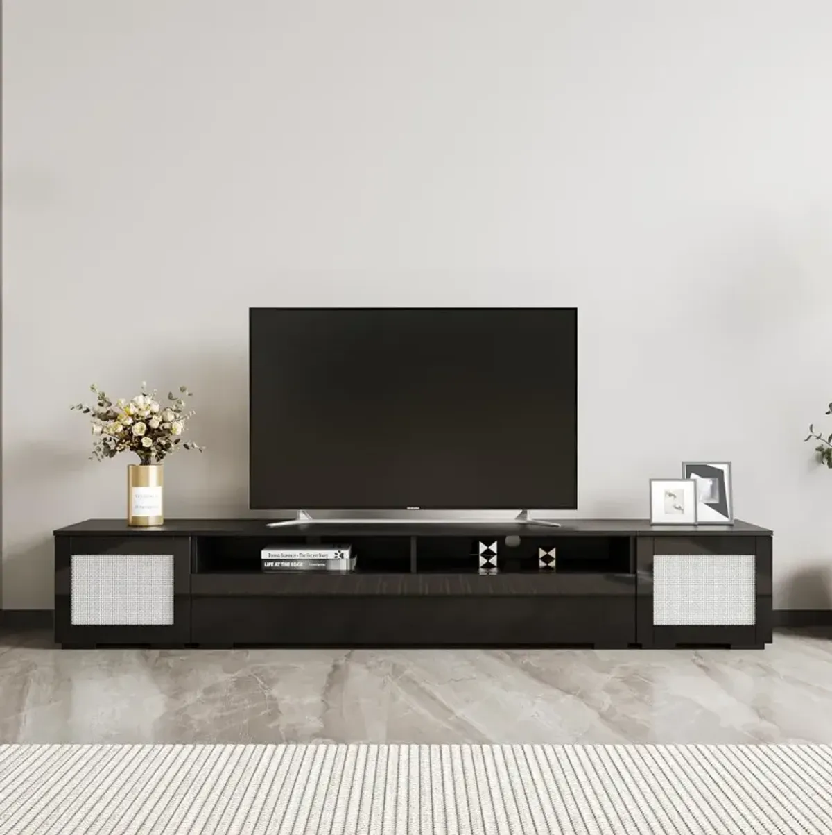 Rattan-Style Entertainment Center – Boho-Inspired TV Stand with Stylish Storage