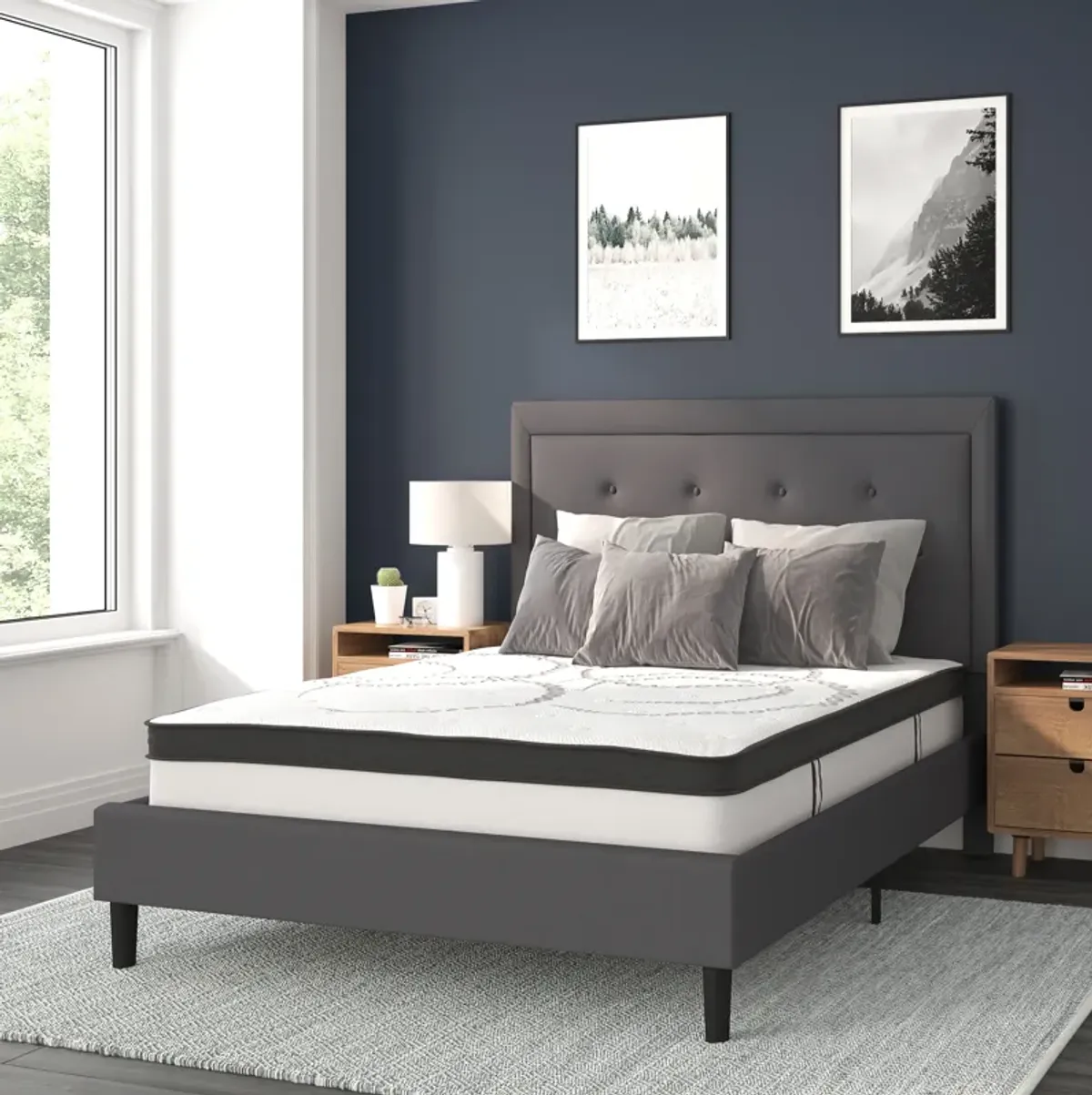 Roxbury Full Size Tufted Upholstered Platform Bed in Dark Gray Fabric with 10 Inch CertiPUR-US Certified Pocket Spring Mattress