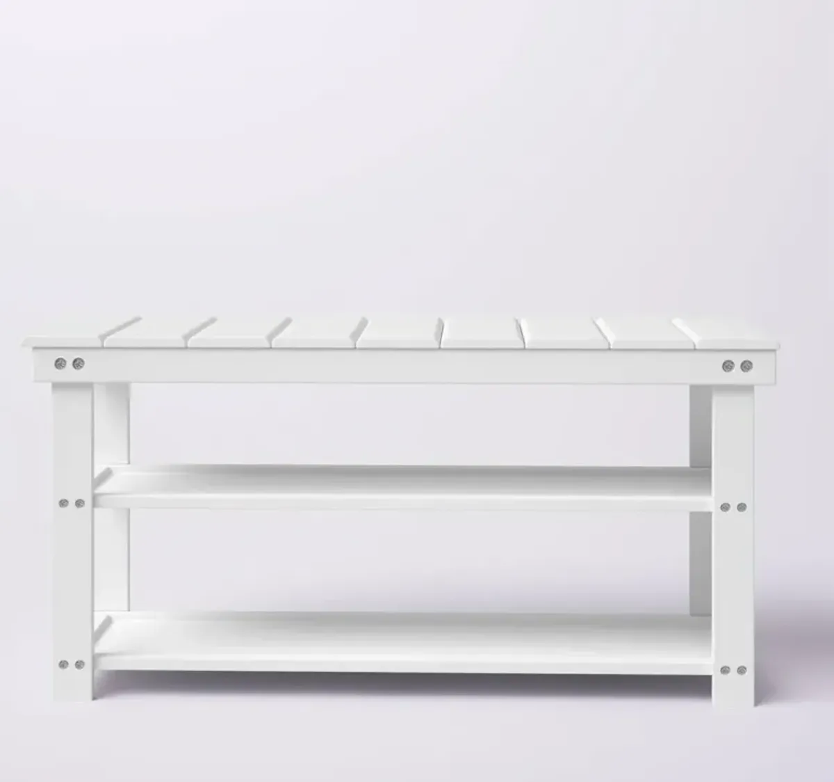 QuikFurn White Slatted Wood 2-Shelf Shoe Rack Storage Bench For Entryway or Closet